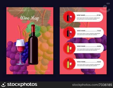 Wine map with full bottle on cover and price list. Delicious low alcohol drink menu. Bottle of red wine and clusters of grapes vector illustration.. Wine Map with Full Bottle on Cover and Price List