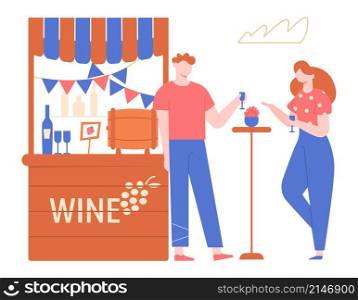 Wine market or small kiosk, street drink. Wine stall or market drink shop, product alcohol kiosk, vector illustration. Wine market or small kiosk, street drink