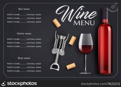 Wine menu list vector template. Bottle and glass, corks and corkscrew on black background with vignette. Red, rose and white grape alcohol drinks. Winery, restaurant or bar menu wine menu list. Wine menu list vector template with bottle, glass