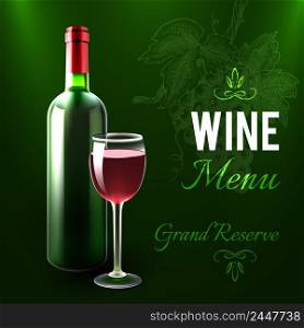 Wine menu template with red wine bottle and glass realistic vector illustration. Wine Menu Template
