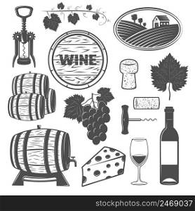 Wine monochrome objects set with vine wooden barrels bunch of grapes cheese signboard corkscrews isolated vector illustration. Wine Monochrome Objects Set