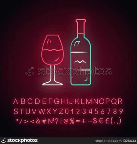 Wine neon light icon. Bottle and classic footed glass with wine. Vine tasting. Alcoholic beverage from fermented grapes . Glowing sign with alphabet, numbers and symbols. Vector isolated illustration