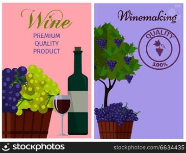 Wine of 100% premium quality promotional poster with bottle, full glass, wooden basket of grapes and tree with fruits vector illustrations.. Wine of 100% Premium Quality Promotional Poster