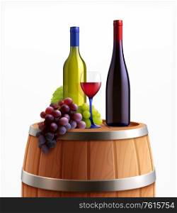 Wine on wooden barrel realistic composition with bottles glass and bunch of grapes on barrel top vector illustration