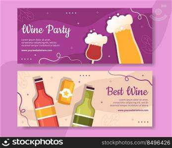 Wine Party Horizontal Banner Template Flat Cartoon Background Vector Illustration