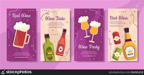 Wine Party Social Media Stories Template Flat Cartoon Background Vector Illustration