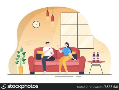 Wine Party Template Hand Drawn Cartoon Flat Illustration with People Dance, Holding a Bottle of Ch&agne and Drinking in Festive Event Concept