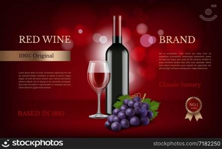 Wine poster advertising. Realistic pictures of grapes and wine. Illustration of wine bottle alcohol with glass realistic, poster advertising promotion vector. Wine poster advertising. Realistic pictures of grapes and wine
