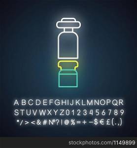 Wine preserver and bottle with cork neon light icon. Barman equipment. Sommelier tool. Alcohol beverage. Aperitif drink. Glowing sign with alphabet, numbers and symbols. Vector isolated illustration