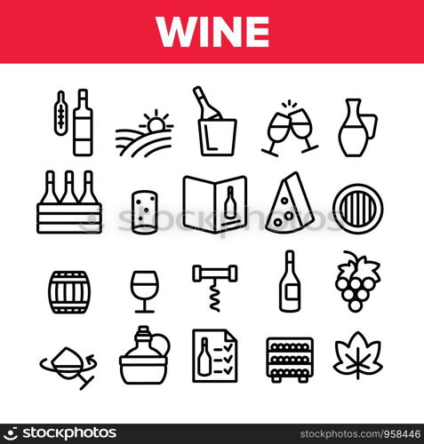 Wine Product Collection Elements Vector Icons Set Thin Line. Wine Bottle And Glasses, Barrel And Card, Cheese And Grape Concept Linear Pictograms. Vineyard Monochrome Contour Illustrations. Wine Product Collection Elements Vector Icons Set