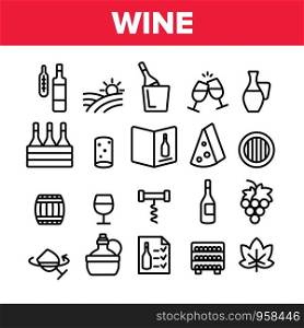 Wine Product Collection Elements Vector Icons Set Thin Line. Wine Bottle And Glasses, Barrel And Card, Cheese And Grape Concept Linear Pictograms. Vineyard Monochrome Contour Illustrations. Wine Product Collection Elements Vector Icons Set
