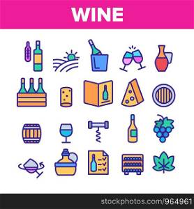 Wine Product Collection Elements Vector Icons Set Thin Line. Wine Bottle And Glasses, Barrel And Card, Cheese And Grape Concept Linear Pictograms. Vineyard Color Contour Illustrations. Wine Product Color Elements Vector Icons Set
