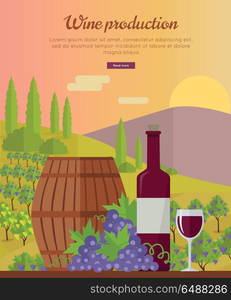 Wine Production Banner. Poster for Red Vine. Wine production banner. Bottle of wine, beaker, vineyard, wooden barrel, with grape valley on background. Creative advertisement poster for red wine. Part of series of viniculture preparation. Vector