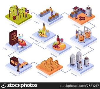 Wine production flowchart with pressing and fermentation symbols isometric vector illustration