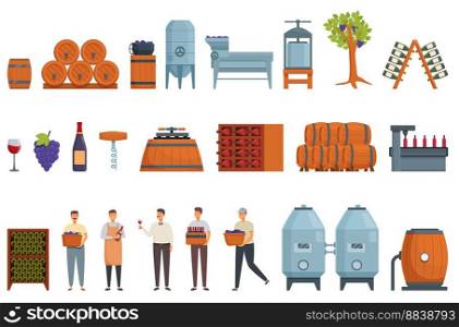 Wine production icons set cartoon vector. Winery agriculture. Process industry. Wine production icons set cartoon vector. Winery agriculture