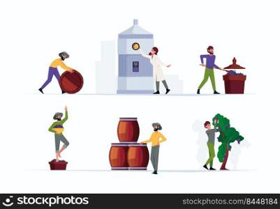 Wine production. Making wine from healthy delicious natural grape winery harvesting people growing plants rural industry vector flat illustrations set. Wine production alcohol, fermentation process. Wine production. Making wine from healthy delicious natural grape winery harvesting people growing plants rural industry garish vector flat illustrations set