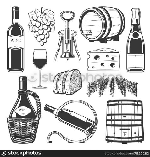 Wine production, winemaking and wine drinking culture icons. Vector winery wooden barrel, vintage grape vine harvest, champagne or sparkling wine with corkscrew, bread and cheese snacks. Winemaking, winery and wine production icons