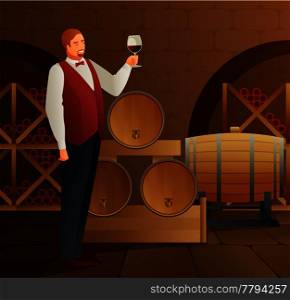 Wine production with sommelier barrel and glass gradient flat vector illustration. Wine Production Illustration