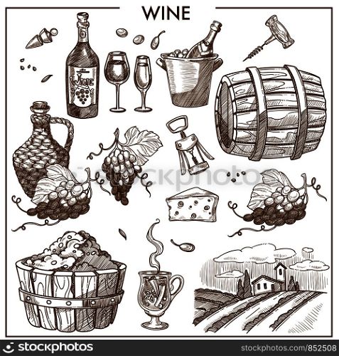 Wine promotional poster in sepia colors with grapes bunches, bottles with glasses, huge plantation, wooden barrel and basket, metal corkscrews and tender sheese isolated cartoon vector illustrations.. Wine promotional poster in sepia colors with grapes and bottles