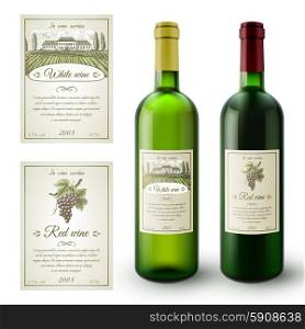 Wine realistic bottles and paper sticky labels set isolated vector illustration. Wine Labels Set