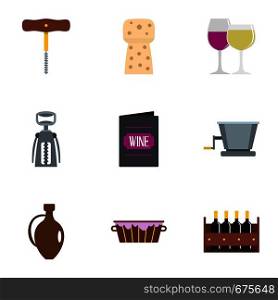 Wine restaurant icon set. Flat set of 9 wine restaurant vector icons for web isolated on white background. Wine restaurant icon set, flat style