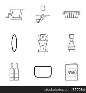 Wine restaurant icon set. Outline set of 9 wine restaurant vector icons for web isolated on white background. Wine restaurant icon set, outline style