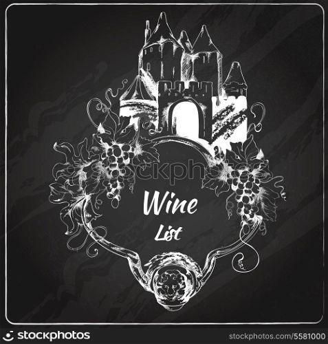 Wine restaurant list card chalkboard label with grape house bottle elements vector illustration