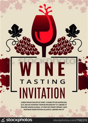 Wine retro poster. Pictures of wine glass and stylized black grape. Vector wineglass and grapes, invitation to tasting banner illustration. Wine retro poster. Pictures of wine glass and stylized black grape