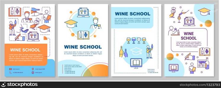 Wine school brochure template. Online course on alcohol. Flyer, booklet, leaflet print, cover design with linear icons. Vector layouts for magazines, annual reports, advertising posters