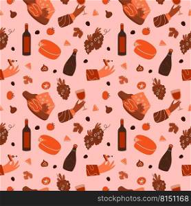 Wine seamless pattern. Cartoon print with hands hold wineglass. Various snacks and delicious. Gourmet drink and food. Noble alcohol. Cheese appetizer and berry. Olive canape. Garish vector background. Wine seamless pattern. Cartoon print with hands hold wineglass. Various snacks and delicious. Noble alcohol. Gourmet drink and food. Cheese appetizer and berry. Garish vector background