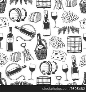 Wine seamless pattern, wine making and tasting icons. Vector background of winery wooden barrel, vintage grape vine harvest, champagne or sparkling wine with corkscrew, bread and cheese snacks pattern. Wine making and tasting seamless pattern