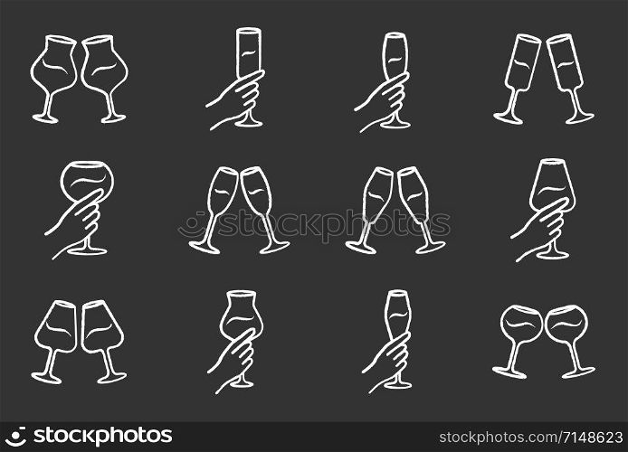 Wine service chalk icons set. Clinking glasses of wine and champagne. Hands holding wineglasses. Celebration, party. Wedding. Tasting, degustation. Toast. Isolated vector chalkboard illustrations