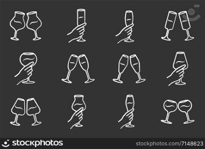 Wine service chalk icons set. Clinking glasses of wine and champagne. Hands holding wineglasses. Celebration, party. Wedding. Tasting, degustation. Toast. Isolated vector chalkboard illustrations