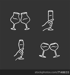 Wine service chalk icons set. Clinking wine glasses. Hands holding alcohol beverages. Celebration, party. Wedding. Glassware, winery. Cheers. Isolated vector chalkboard illustrations
