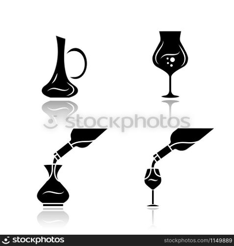 Wine service drop shadow black glyph icons set. Alcohol beverage pouring in glass. Wineglasses, decanters. Different types of bar, restaurant aperitif drinks. Isolated vector illustrations
