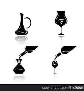 Wine service drop shadow black glyph icons set. Alcohol beverage pouring in glass. Wineglasses, decanters. Different types of bar, restaurant aperitif drinks. Isolated vector illustrations