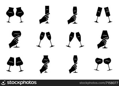 Wine service glyph icons set. Clinking glasses of wine and champagne. Hands holding wineglasses. Celebration, party. Wedding. Tasting, degustation. Silhouette symbols. Vector isolated illustration