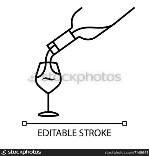 Wine service linear icon. Alcohol beverage pouring in glass thin line illustration. Aperitif drink bottle contour symbol. Sommelier, winery. Vector isolated outline drawing. Editable stroke