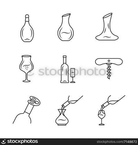 Wine service linear icons set. Alcohol beverage pouring in glass thin line contour symbols. Wineglasses, decanters. Sommelier, barman. Isolated vector outline illustrations. Editable stroke