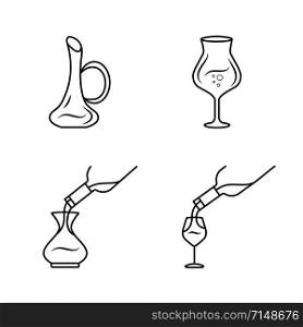 Wine service llinear icons set. Alcohol beverage pouring in glass thin line contour symbols. Pub, bar wineglasses, decanters. Isolated vector outline illustrations. Editable stroke