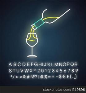 Wine service neon light icon. Alcohol beverage pouring in glass. Aperitif drink bottle. Barman, sommelier. Glowing sign with alphabet, numbers and symbols. Vector isolated illustration