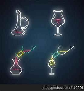 Wine service neon light icons set. Alcohol beverage pouring in glass. Wineglasses, decanters. Different types of aperitif drinks. Barman. Glowing signs. Vector isolated illustrations