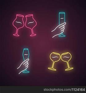 Wine service neon light icons set. Clinking wine glasses. Hands holding alcohol beverages. Celebration, party. Wedding. Glassware, winery. Cheers. Glowing signs. Vector isolated illustrations