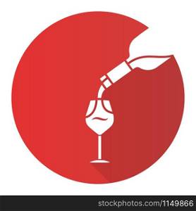 Wine service red flat design long shadow glyph icon. Alcohol beverage pouring in glass. Aperitif drink bottle. Barman, sommelier, winery. Bar, restaurant. Vector silhouette illustration