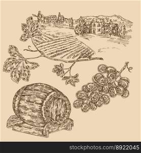Wine set hand drawn vineyad barrel vector image