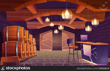 Wine shop, cellar interior with wooden barrels, brick walls and floor, lamps in shape of wineglass. Alcohol beverage store with pc on counter desk and high stool, basement. Cartoon vector illustration. Wine shop, cellar interior with wooden barrels