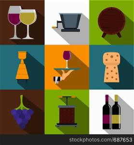 Wine shop icons set. Flat set of 9 wine shop vector icons for web with long shadow. Wine shop icons set, flat style