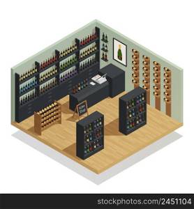 Wine shop interior isometric composition with counter cash register and shelves of vine bottles vector illustration . Wine Shop Isometric Composition