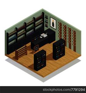 Wine shop interior isometric composition with counter cash register and shelves of vine bottles vector illustration . Wine Shop Isometric Composition