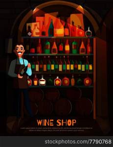 Wine shop with wine collection and variety symbols flat vector illustration. Wine Shop Illustration